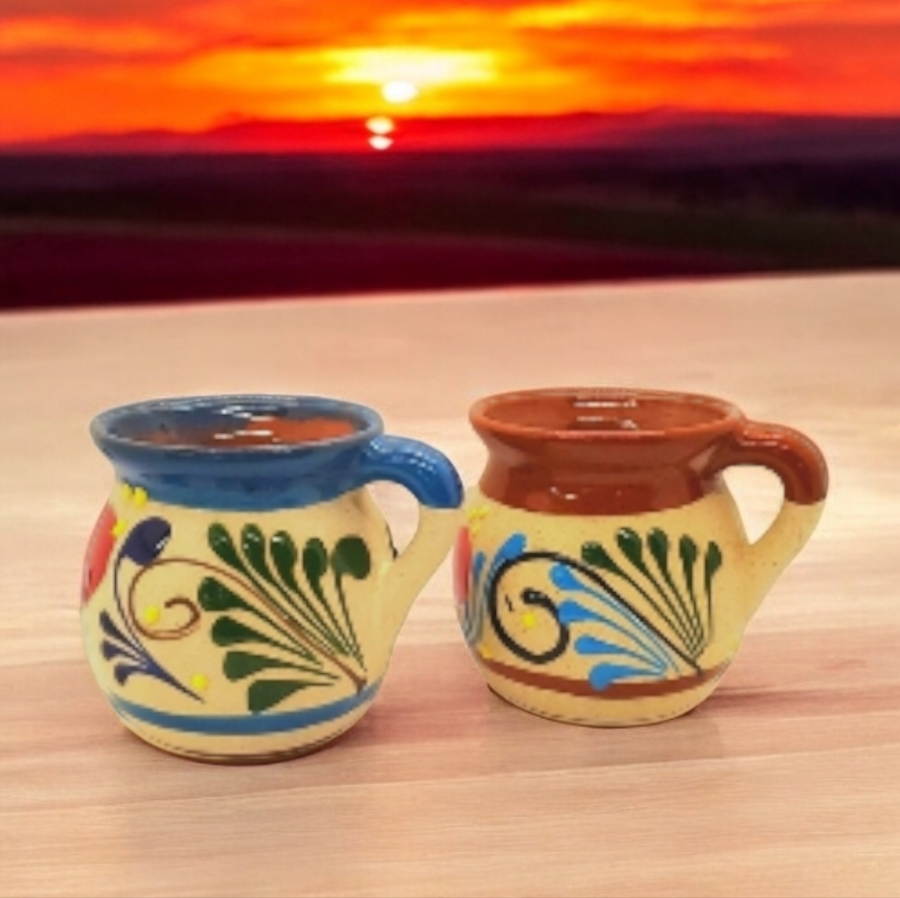 Butterfly glazed Pottery Set Of 2 Mugs Mexico blue green burnt orange